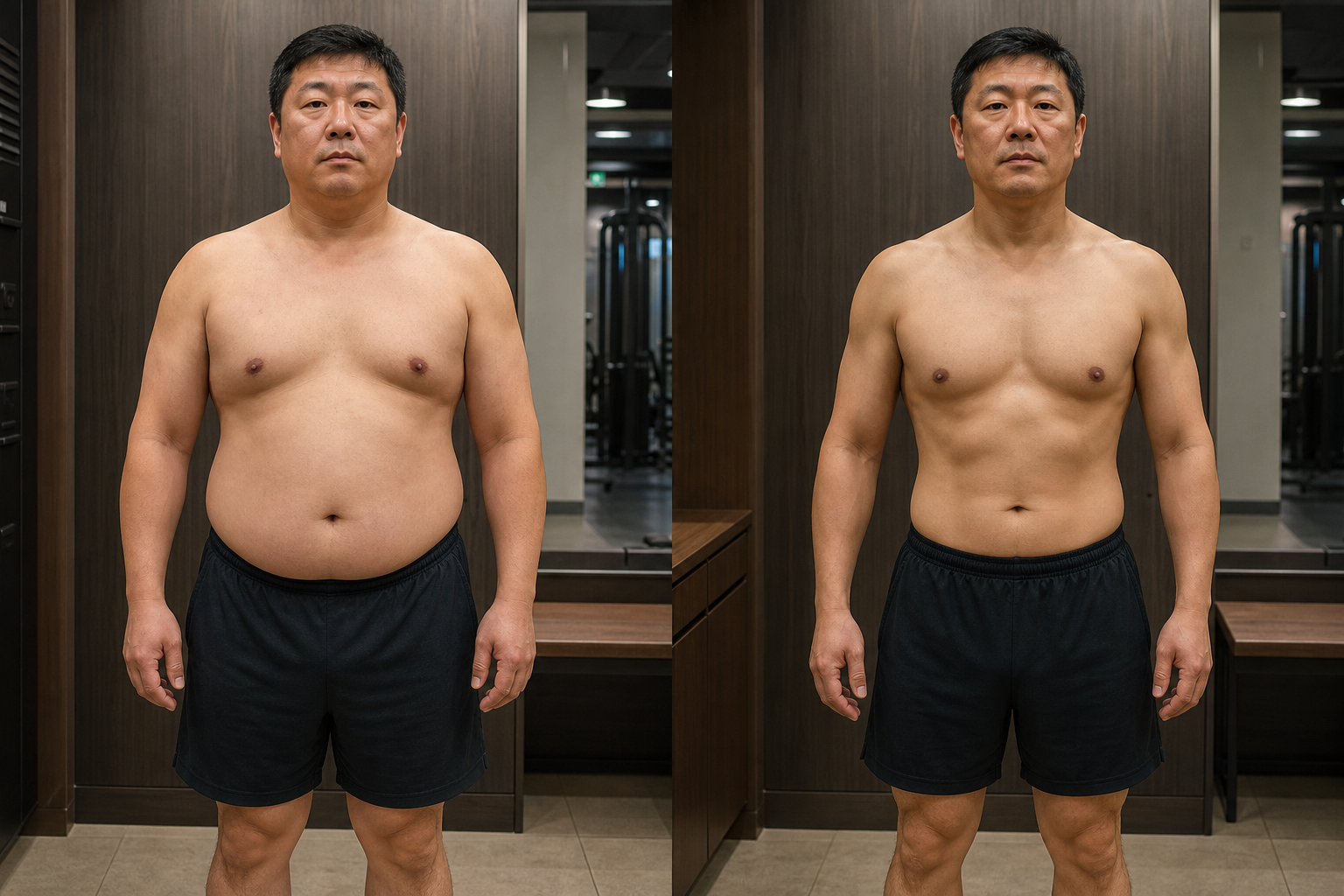 40代男性のトレーニング前後の比較。左が開始時、右が3ヶ月後で腹部が引き締まっている