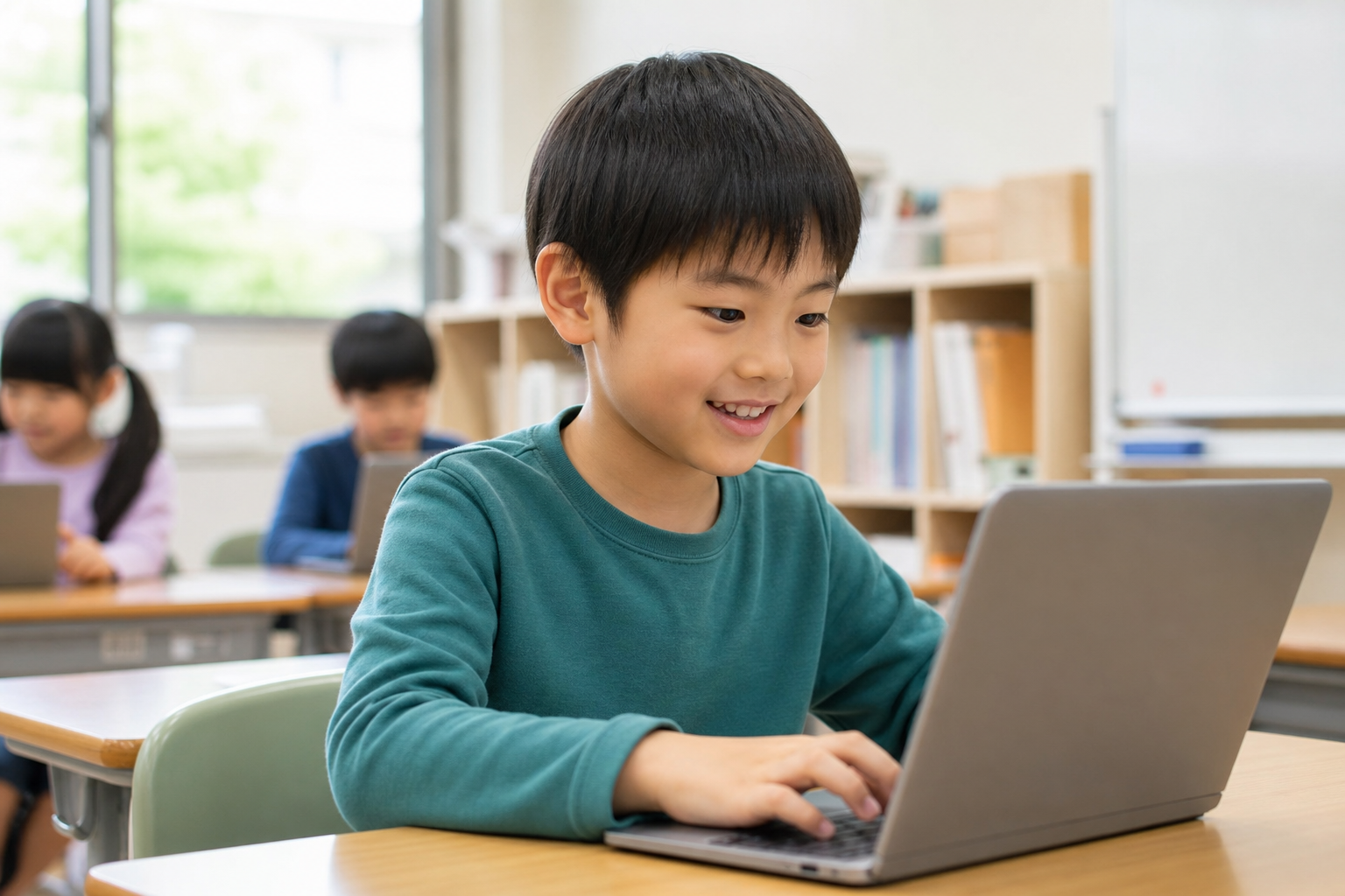 ノートPCでゲーム制作をする子ども